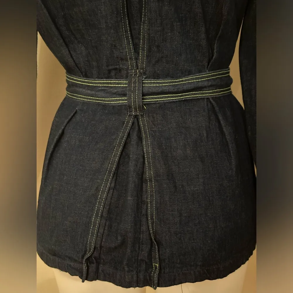 No Tag Denim Tie Blue Jean Jacket With Yellow Thread Collar Button Down Sz 9/10. - Image 10
