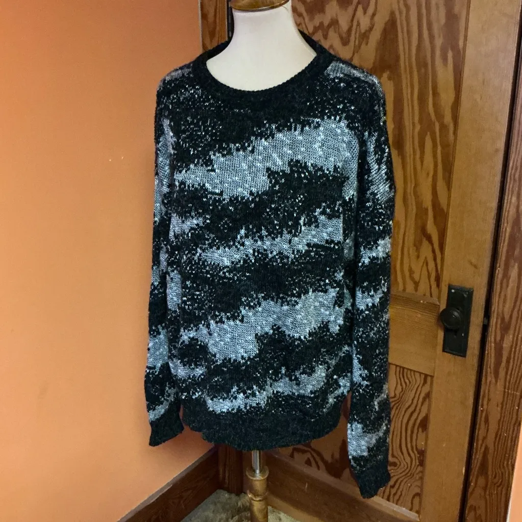 80s Vintage Abstract Knit Sweater Oversized Black Gray Size L - Image 7