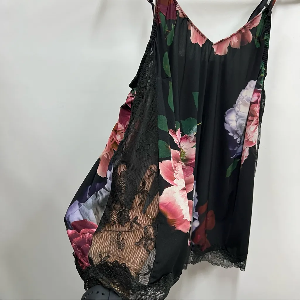 Cacique 14-16 Black Floral Cami lingerie top sheer lace side panels & hem tank - Image 6