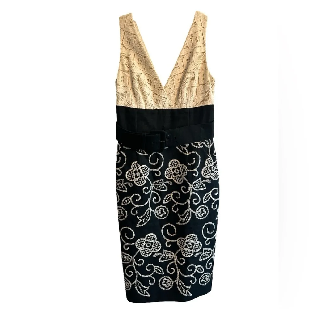 Kay Unger Embroidered Lace Linen Blend Dress Black Cream Belted Cocktail Size 2 - Image 4