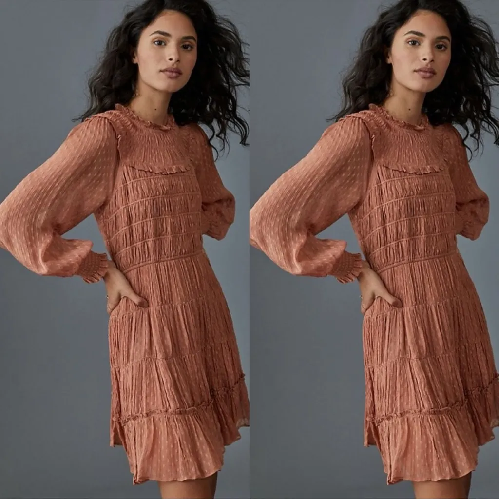 By Anthropologie Dalia Ruffle Smocked Long Sleeve Mini Dress Pink Rose size XS - Image 3