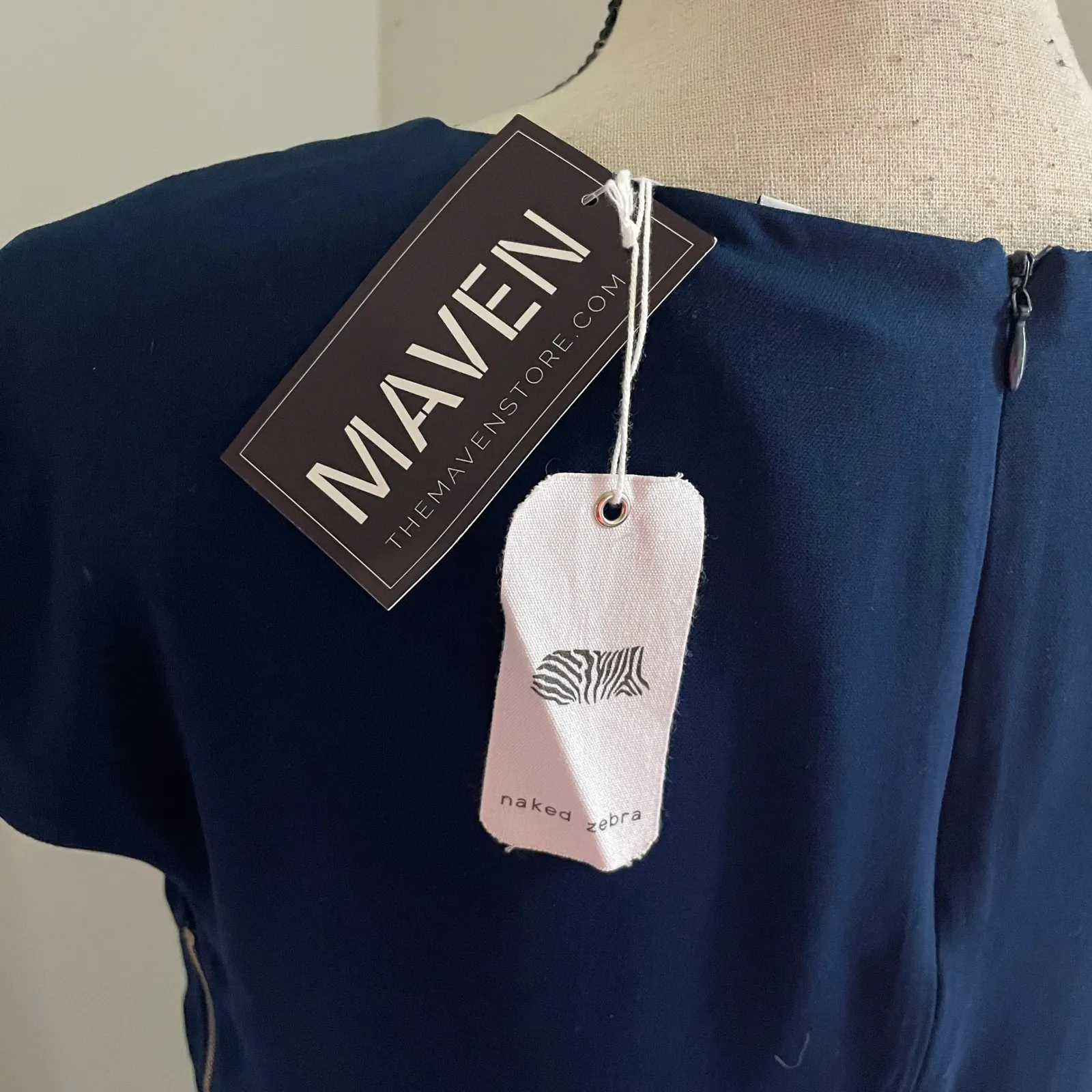Naked Zebra Side Zip Midi Dress sz Medium Navy Blue Cap Sleeve Preppy Clean Girl - Image 2