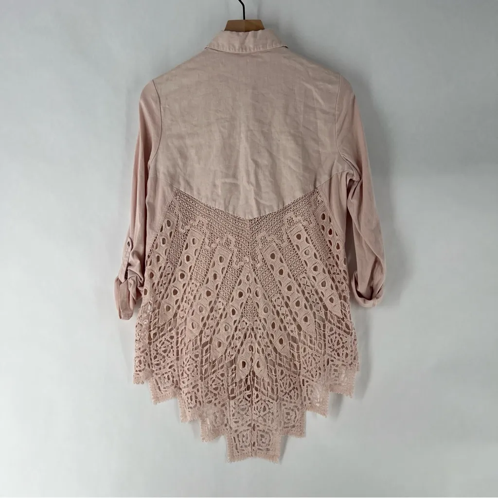 Soft Surroundings Blush Linen Button Down See Through Lace Back‎ High Low Shirt - Image 7
