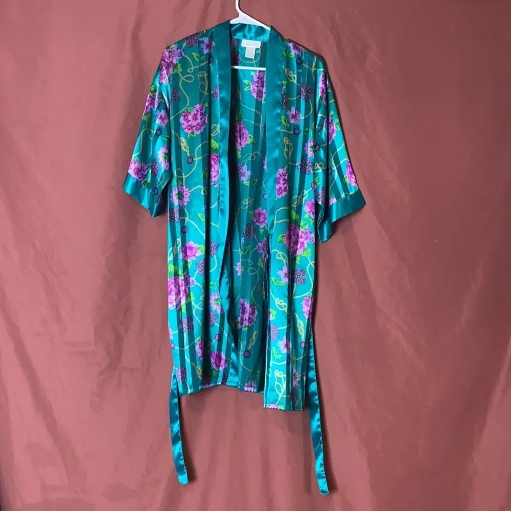 VINTAGE TEAL FLORAL SILKY ROBE Blue Size M - Image 5