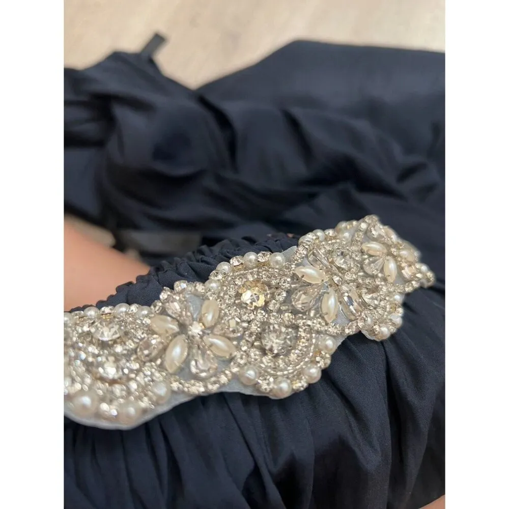 T Tahari Navy Blue Skirt Crystal Pearl Sash Ribbon Belt Size M Elastic waist - Image 12