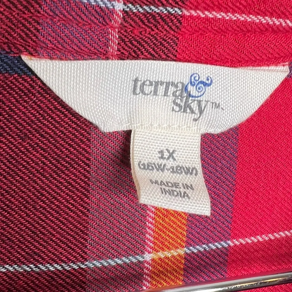 Terra & Sky Red Multi Plaid Button Front Shirt Women’s 1X Viscose - Image 2