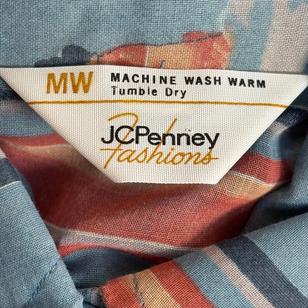 Vintage 70s JCPenney Fashions Top Western Print Blue Sheer Button Down Shirt Size M - Image 7