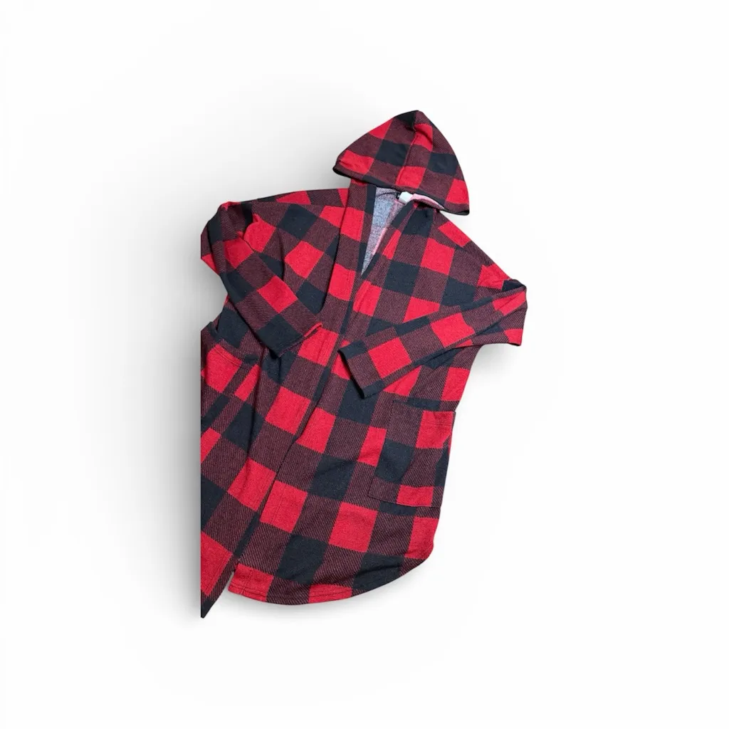 Heimish USA Buffalo Plaid Hooded Cardigan Red Black Checkered Open Front M Size M - Image 3