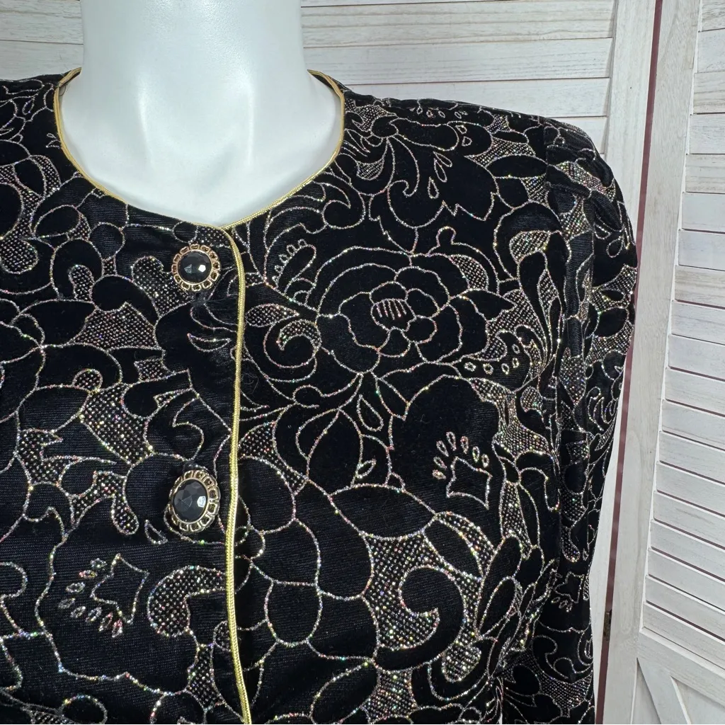 Vintage 80s R&K‎ Evening Floral Glitter Velvet Blazer Jacket Black Gold 14 - Image 5
