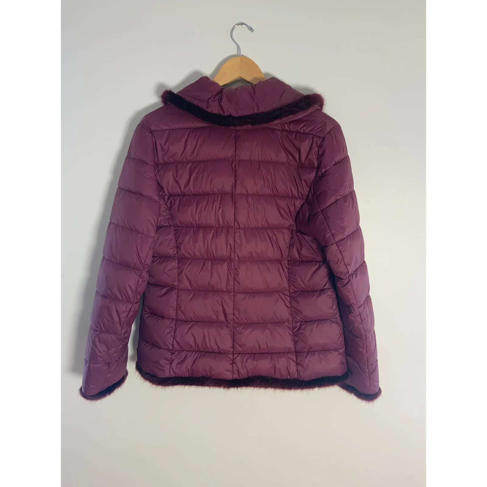 Dennis Basso Womens Wine Faux Fur-Trim Puffer Coat‎ Winter Small - Image 6