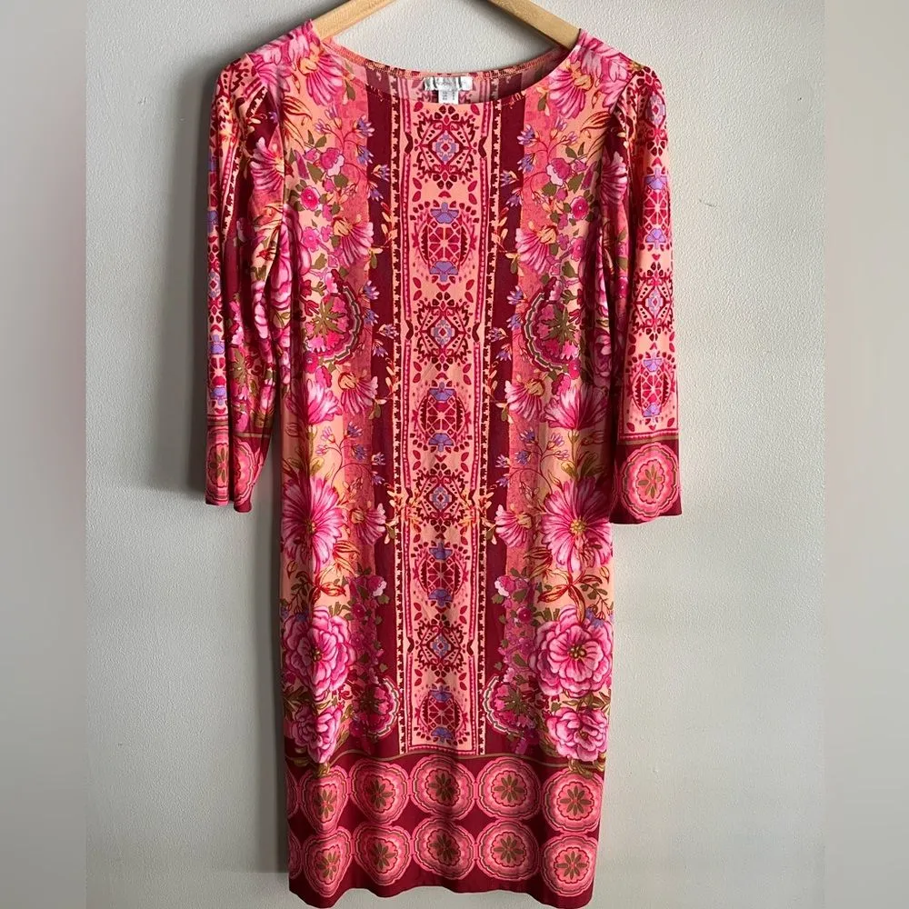 London Times Pink Floral Mosaic Shift Dress Stretch 3/4 Sleeve Size S - Image 4