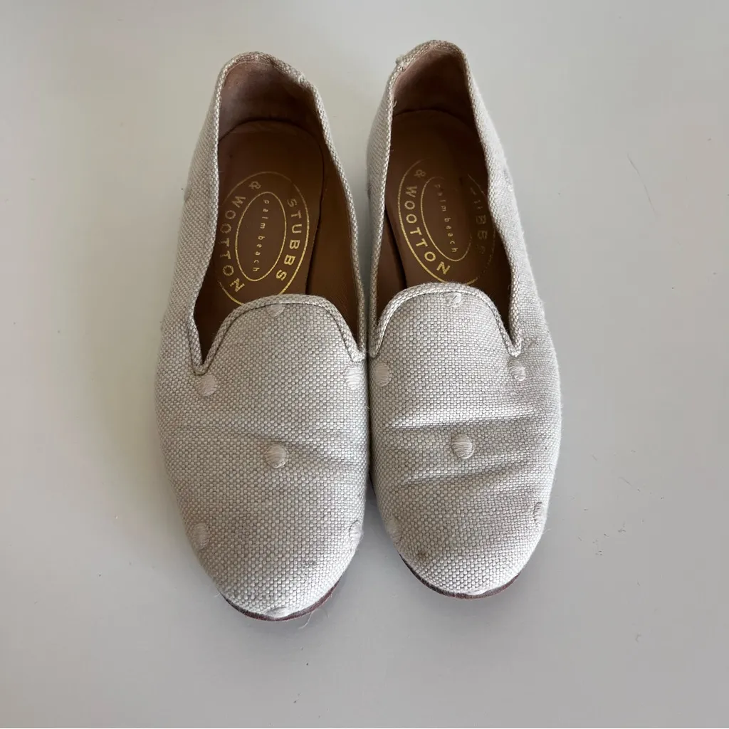 Stubbs and Wootton Women's Canvas Embroidered Cream Loafers Size 6 - Image 2