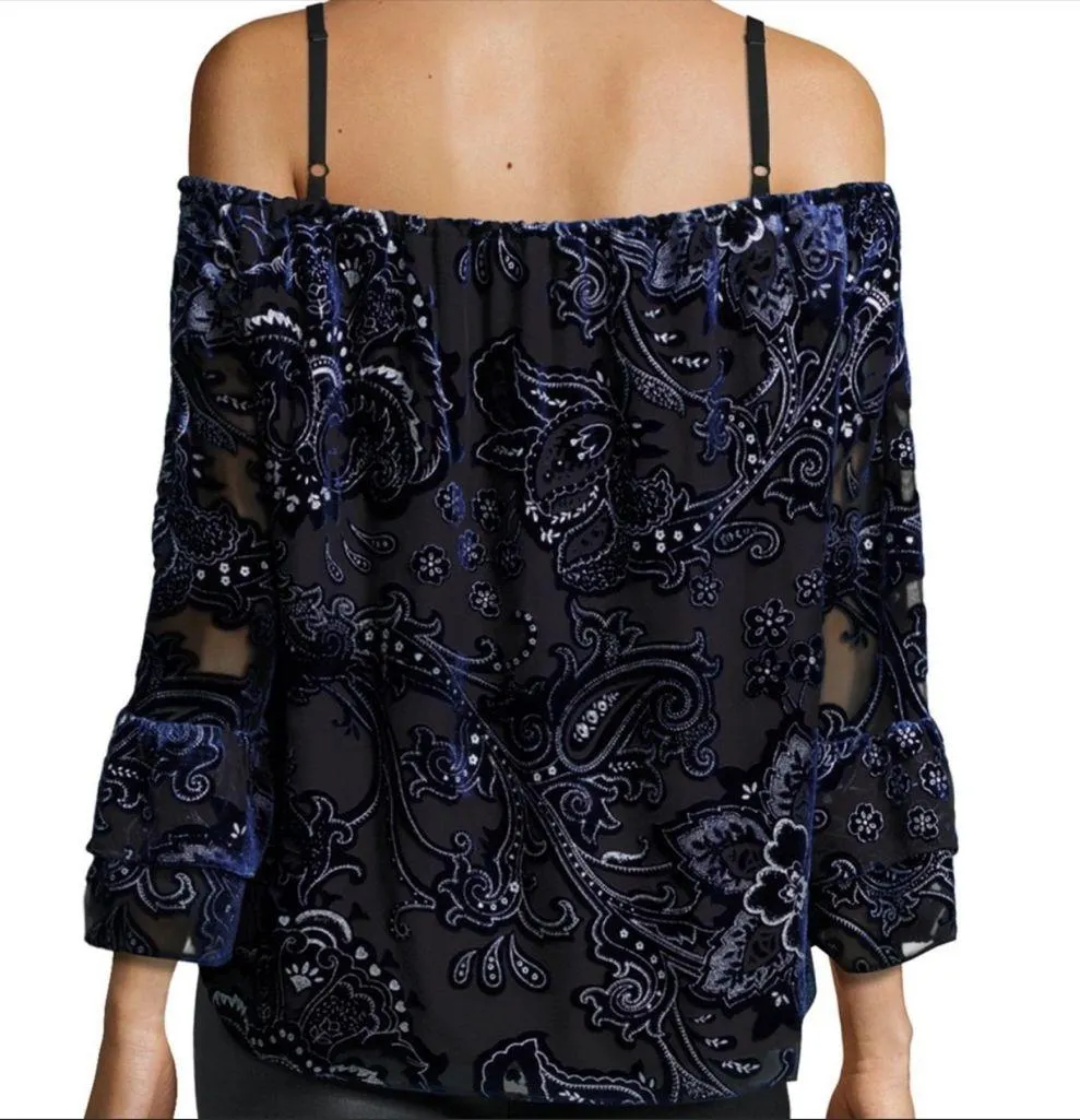 Parker Pyper Ultraviolet Burnout Cold Shoulder Paisley Print Silk Blouse size XS - Image 3