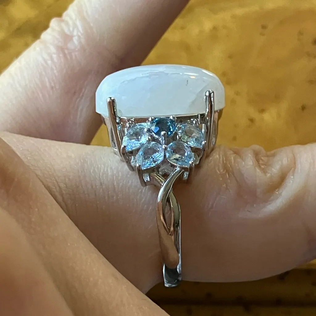 Natural Rainbow Moonstone London Blue Topaz Sterling Silver Ring Size 6.75 - Image 3