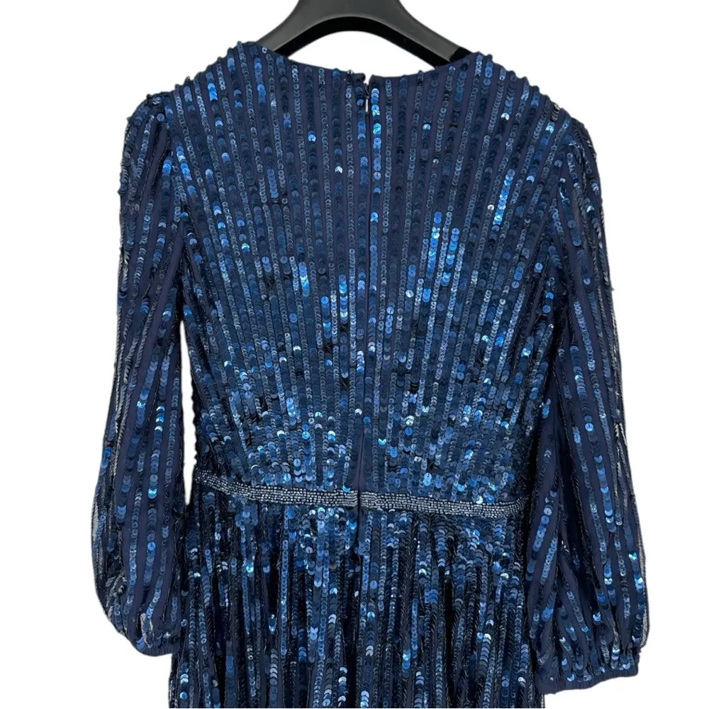 Mac Duggal Dark Blue Sequined Wrap Over 3/4 Sleeve Gown Navy size 4 Evening 5509 - Image 6