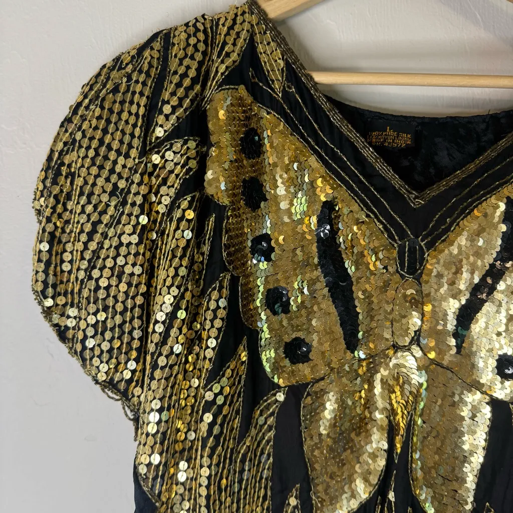 Vtg heavily embellished black and gold sequin butterfly 100% silk top size L Size L - Image 3