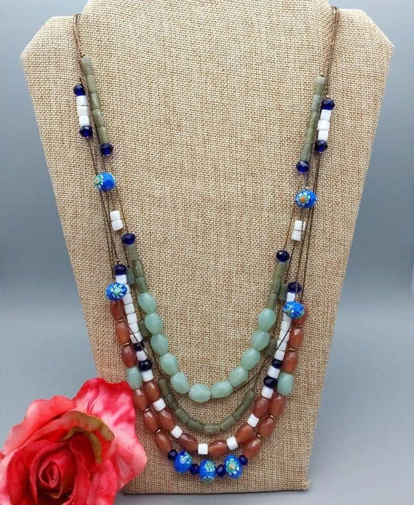 Long Multi Strand Glass Mixed Bead Necklace Dark Gold Tone Chains Colorful 28" - Image 2