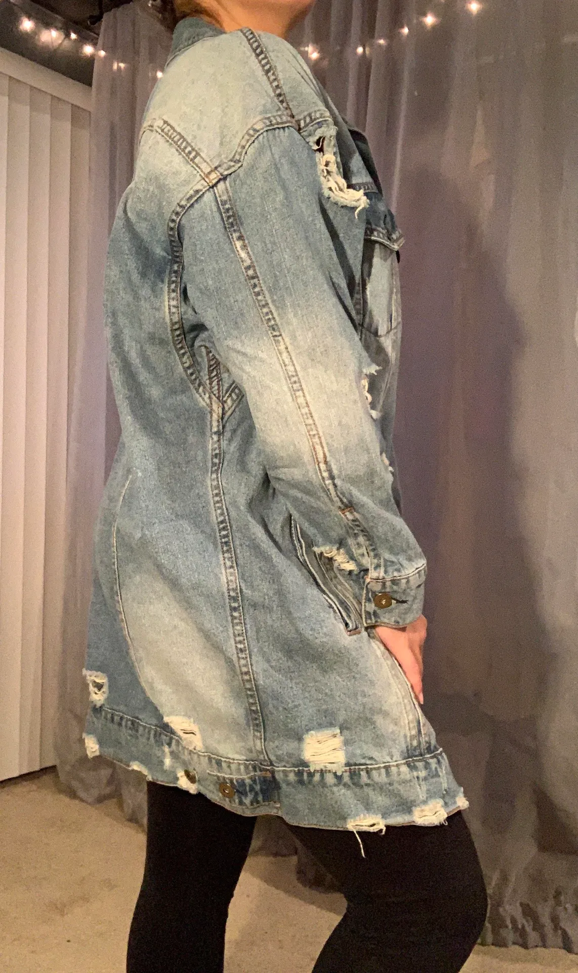 Distressed Trench Jean Jacket Blue Size L - Image 2