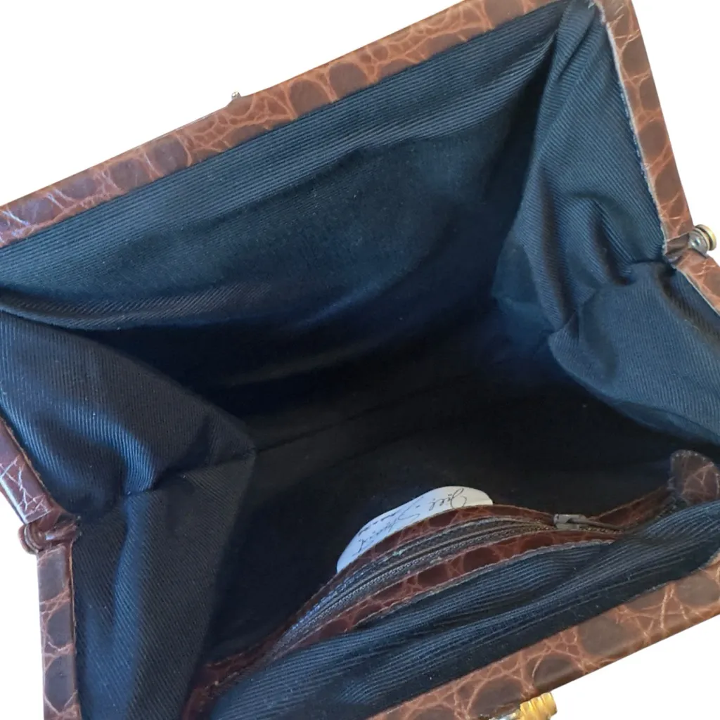 Jill Stuart Vintage Croc Embossed Leather Crossbody Bag Made Italy Brown 9x8x2 - Image 8