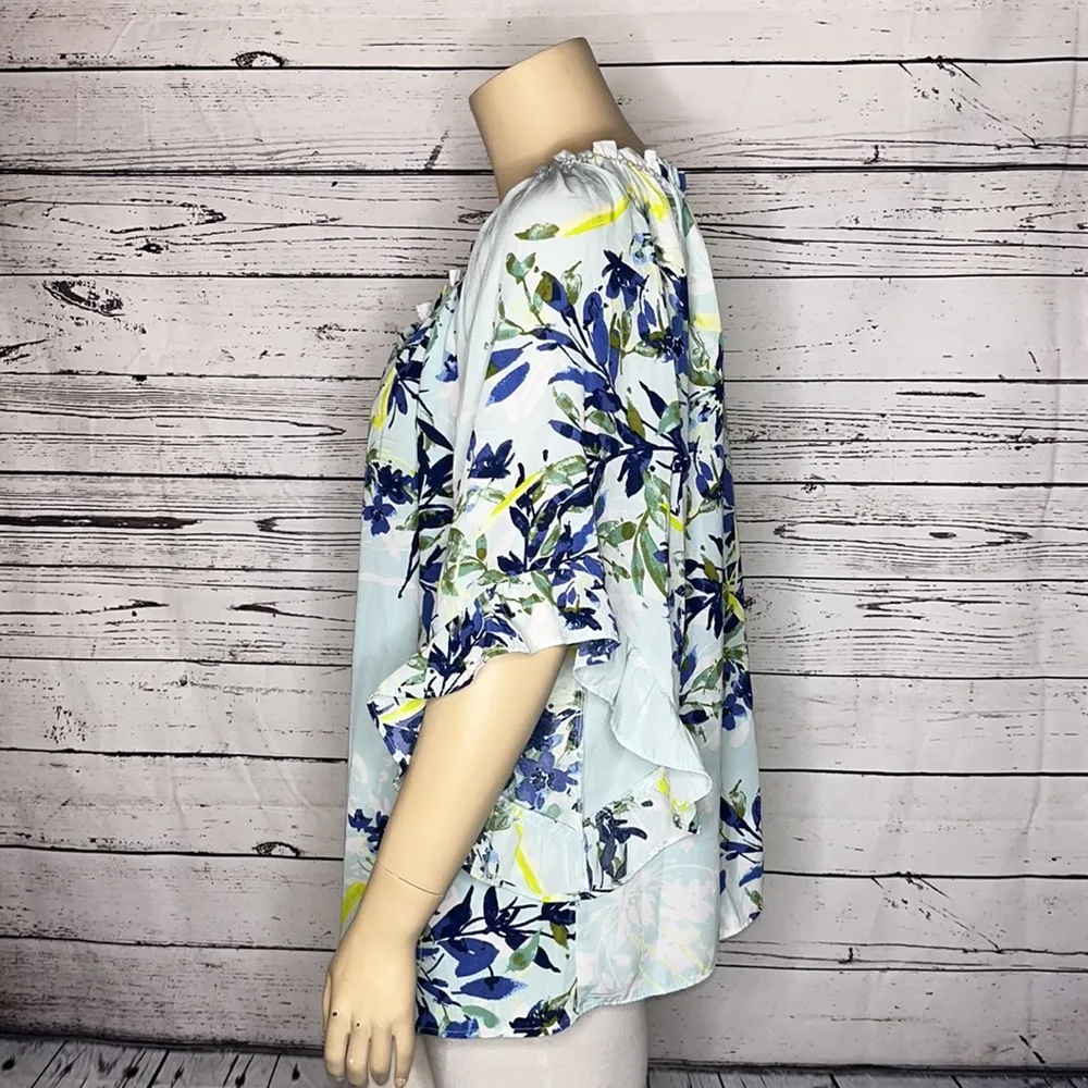 One World Size 2X Blue Floral Print Tassel Tie Off the Shoulder Blouse Top - Image 4