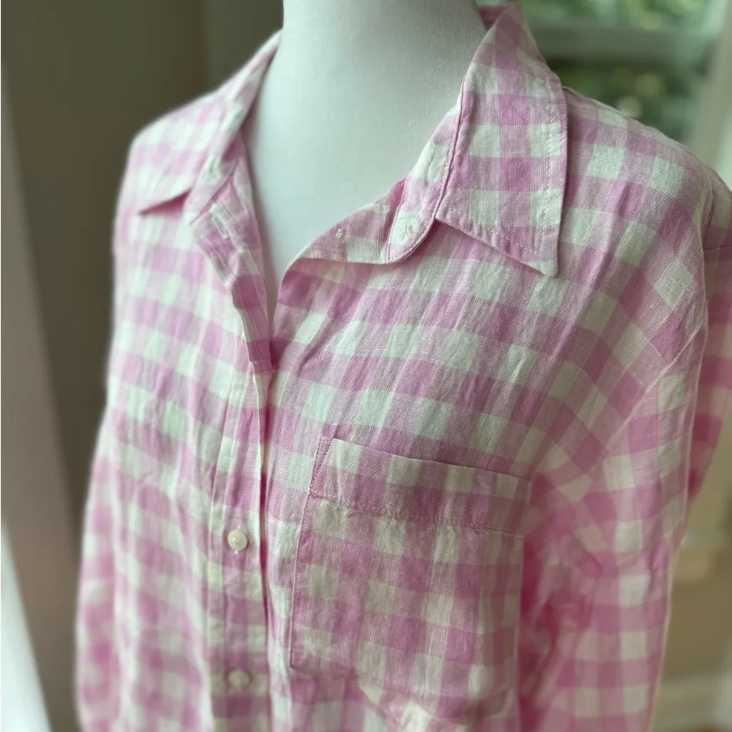 GAP Pink White Gingham Plaid 100% Linen Boyfriend Button Down Shirt Medium NWT - Image 9