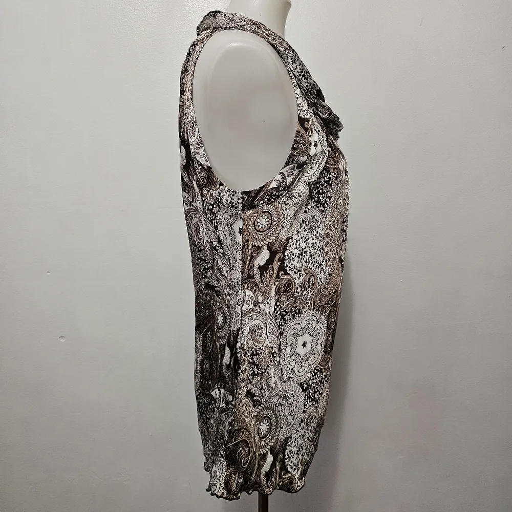 Dressbarn Brown & White Paisley Twist Neckline Satin Tank Top Size Large - Image 3