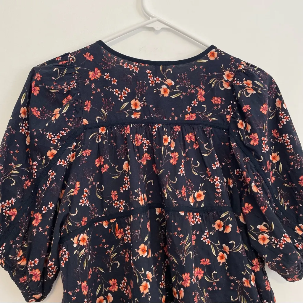 OLD NAVY Puff Sleeve Floral Tiered Swing Blouse Navy Blue Short Sleeve Peasant S - Image 13