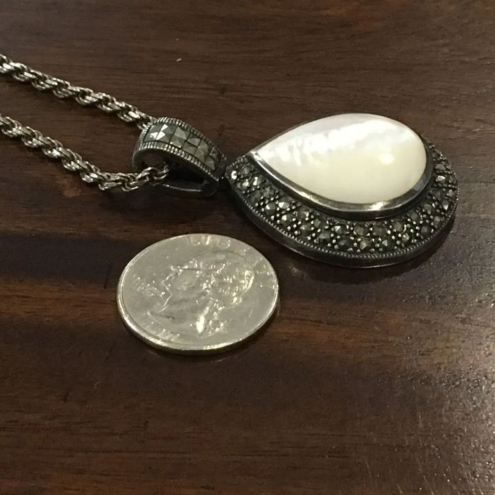 Sterling Silver 925 Marcasite Outlined Mother of Pearl Pendant and Rope Necklace - Image 6