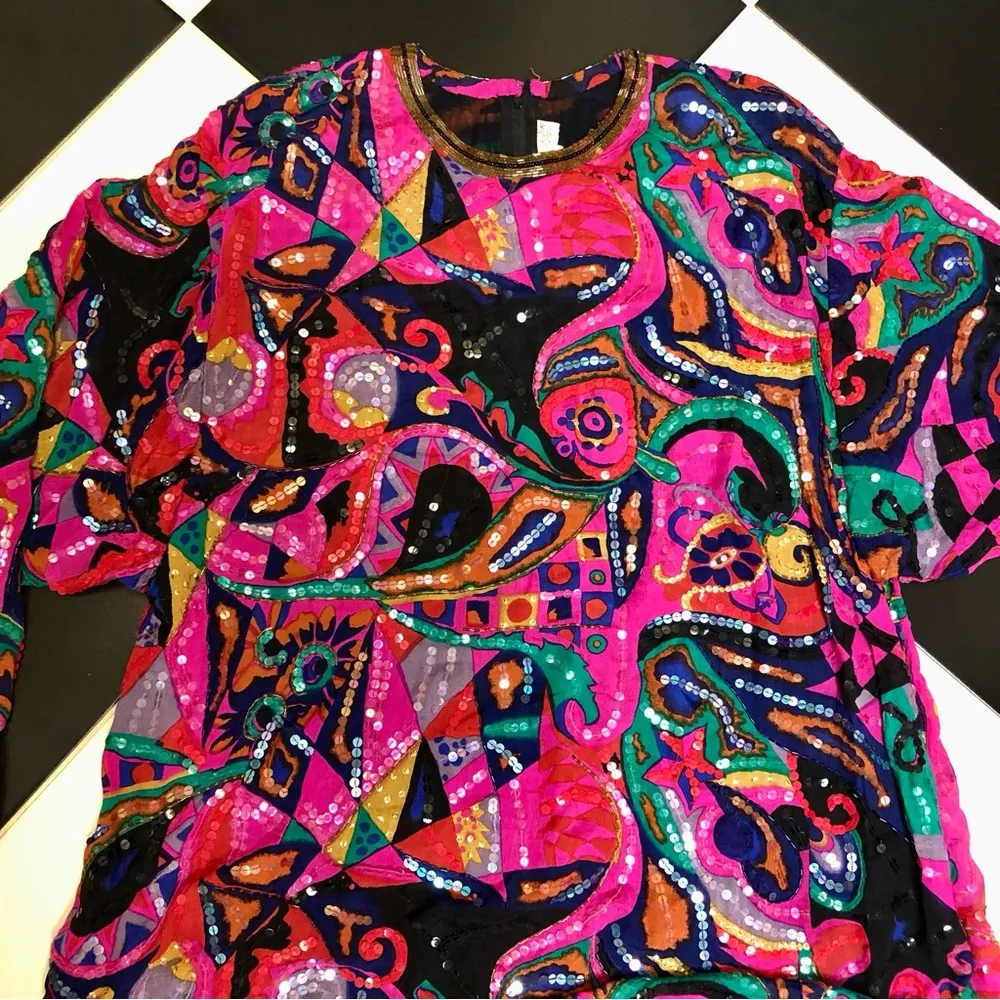 Vintage 60s Judith Ann Creations Beaded Silk Colorful Kaftan Mini Dress Magenta - Image 7