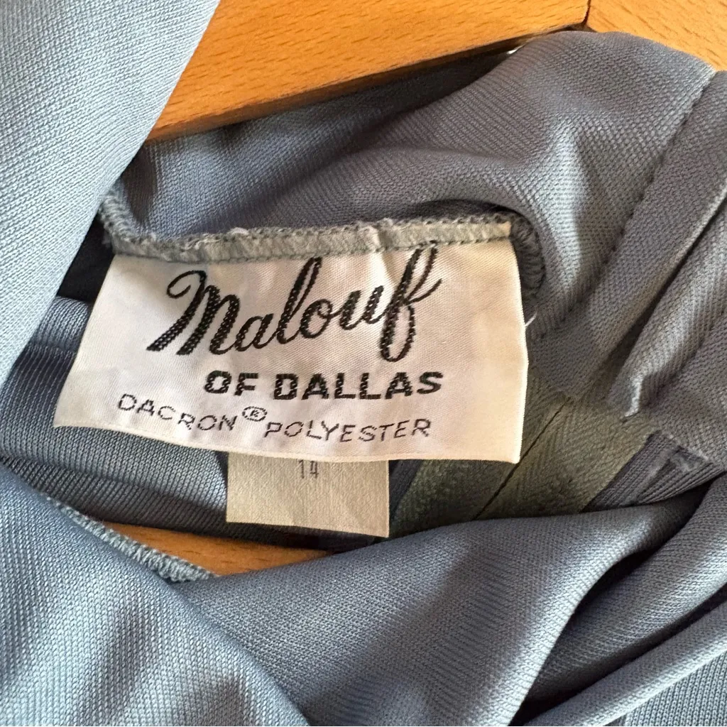 Vintage 60s 70s Malouf of Dallas blue balloon sleeve button front tie waist top Size L - Image 9