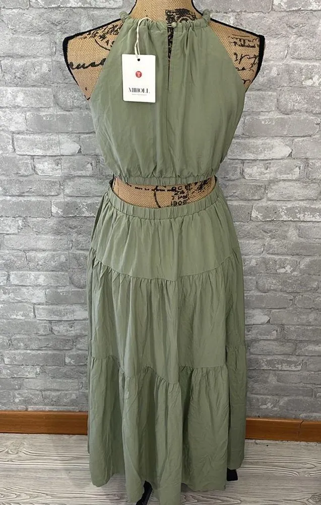 MIHOLL Cutout Halter Neck Tiered Dress Green - Image 6