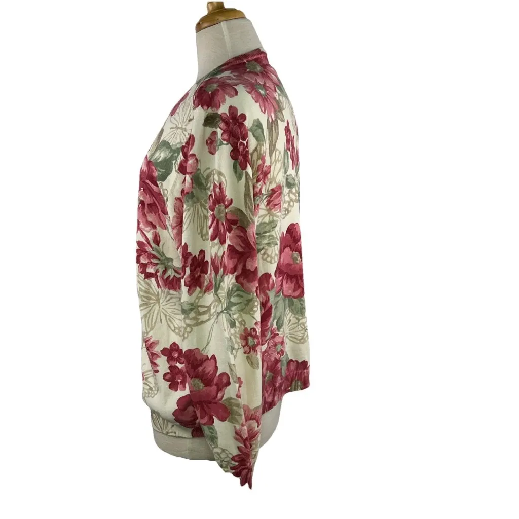Alfred Dunner Sz L Sweater Womens Long Sleeve Knit Beaded Sequins Pink Flowers - Image 4
