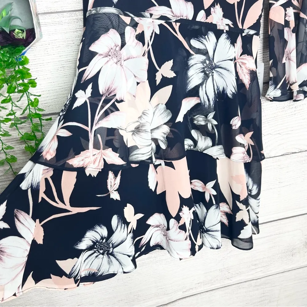 NWT Vince Camuto Floral Navy Blue & Pink Tiered Chiffon Dress Size 10 Medium - Image 7