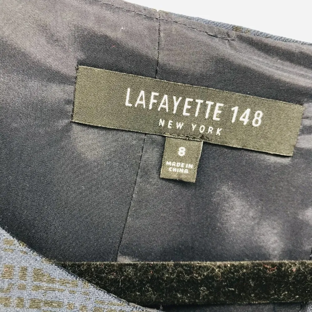 Lafayette 148 New York Full-Skirt Jacquard Panel Sleeveless Fit Flare Dress Navy - Image 9