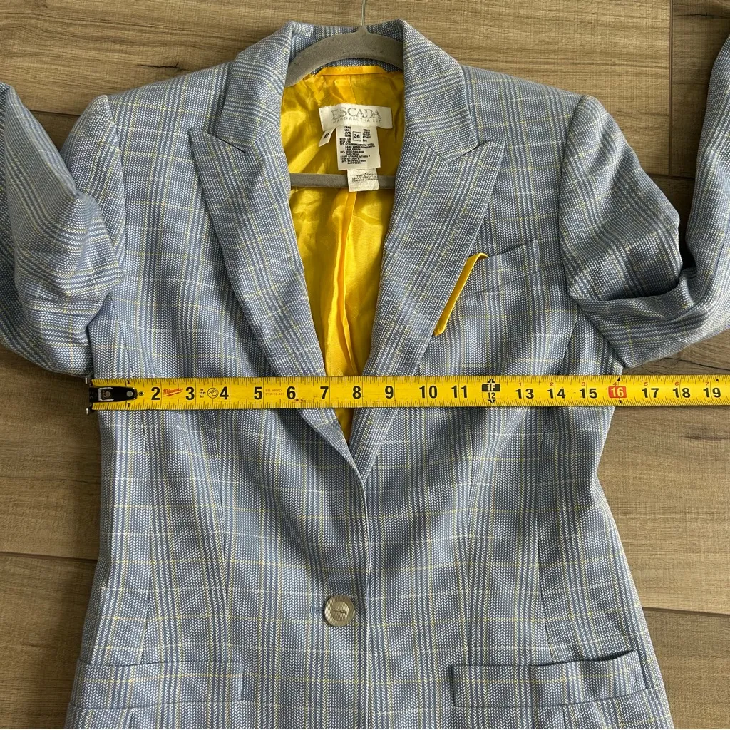 Escada Vintage Light Blue Yellow Plaid Single Button Wool Silk Blazer Jacket 36 Size 6 - Image 8