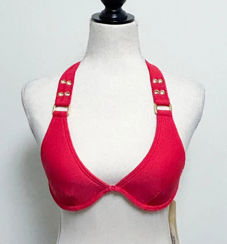 Cyn & Luca Red Cherry Halter Underwire Padded Bikini Top NWT Small Gold Rivets - Image 1