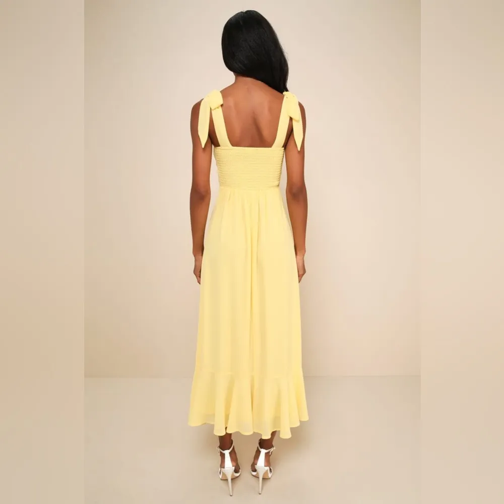 LULU’S Summer Invite Yellow Tie-Strap Tiered Midi Dress - Image 4