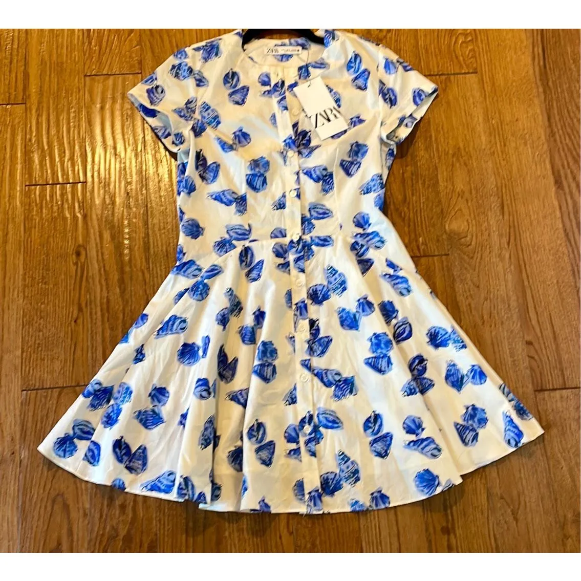 Zara NWT white and blue seashell print cotton dress small - Image 5