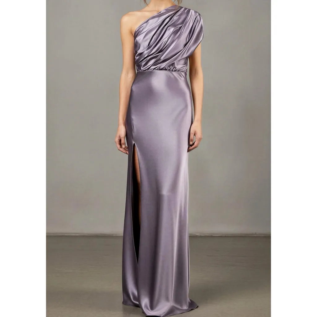 MICHELLE MASON Asymmetrical Open Back One Shoulder Silk Satin Gown, Mauve, 0(US) - Image 3