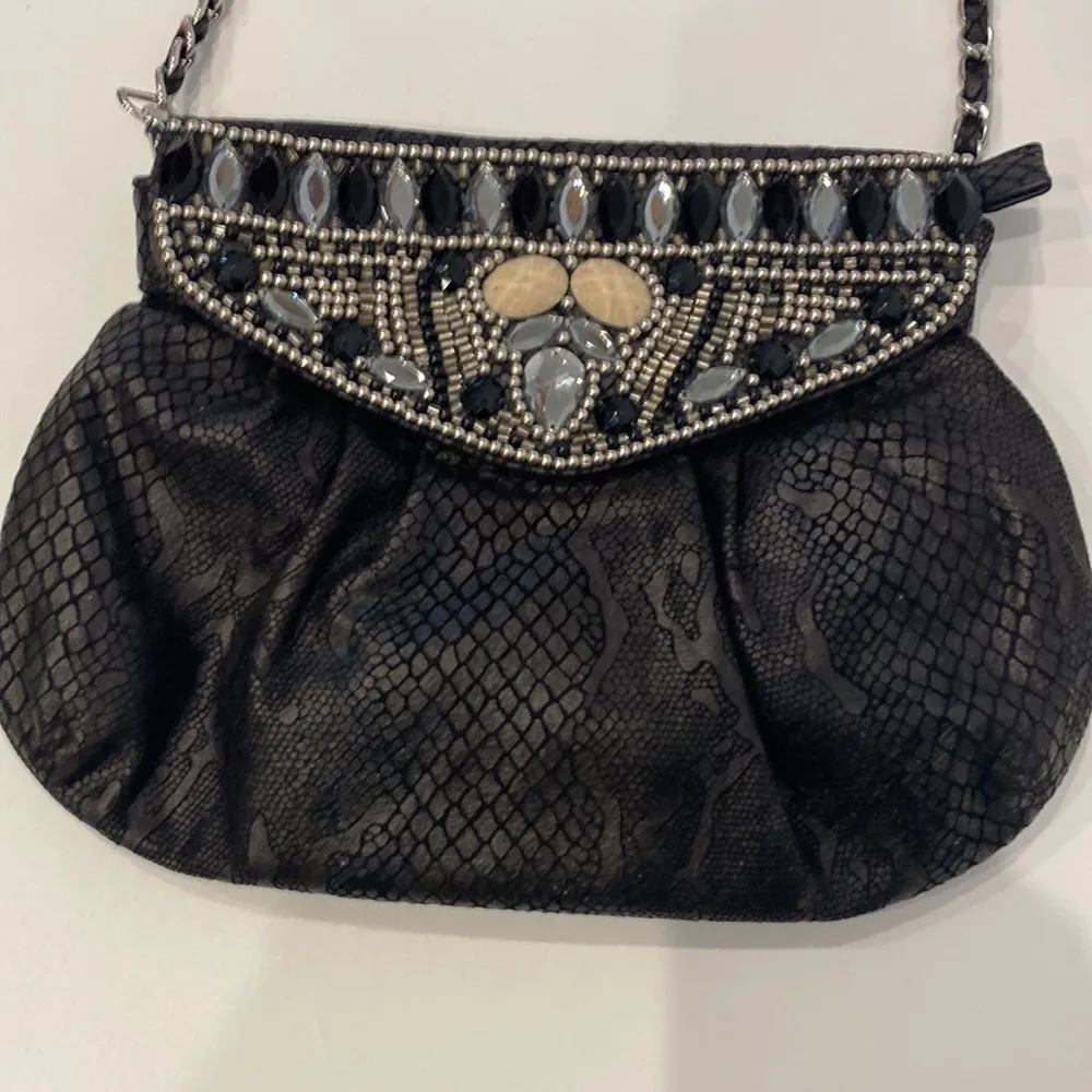 Chico’s Black Faux Leather/Suede Snakeskin Shoulder Bag Bead & Jewel Embellished - Image 2