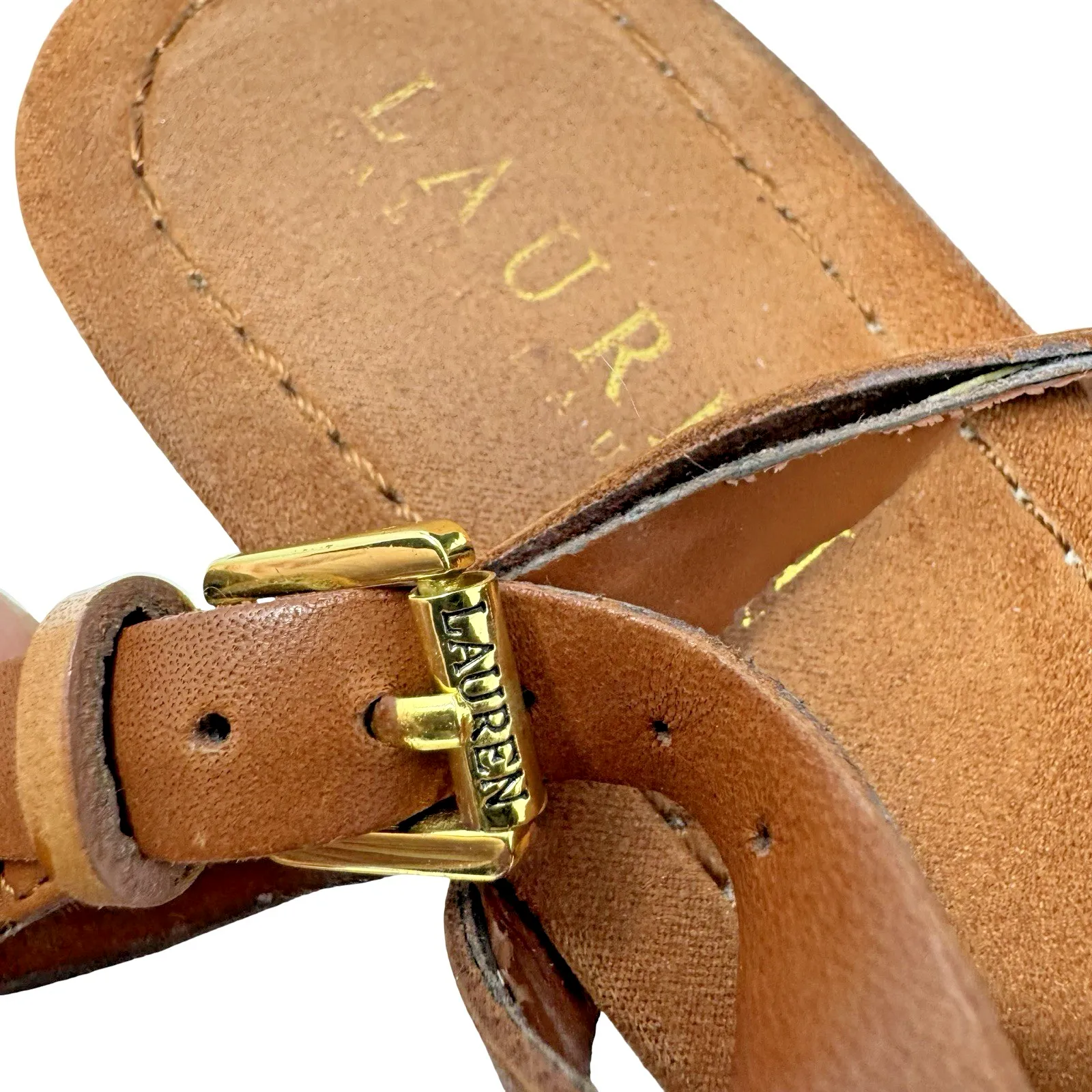 Lauren Ralph Lauren LRL Sandals Lucetta Brown Tan Leather Strappy Buckle Wms 7B - Image 6