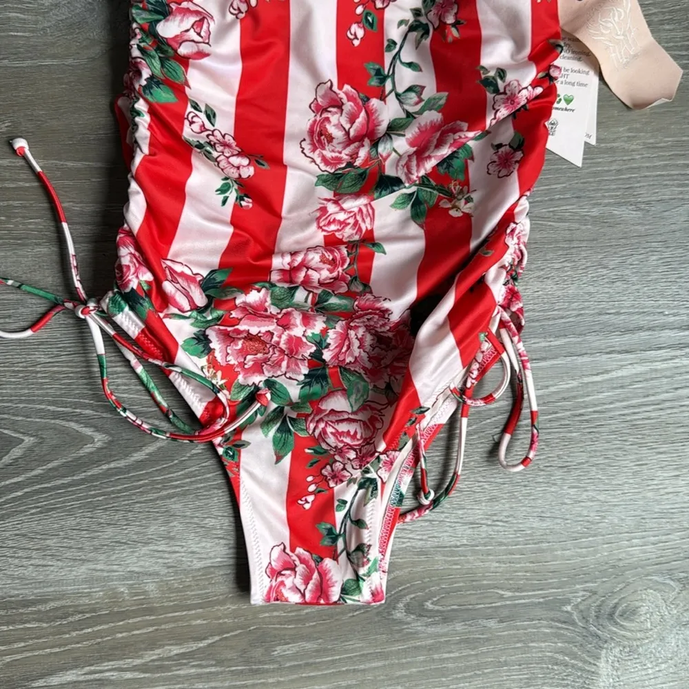 NEW We Are HaH One Piece Swimsuit Red Floral Stripe Ruched Snalll Pink - Image 4