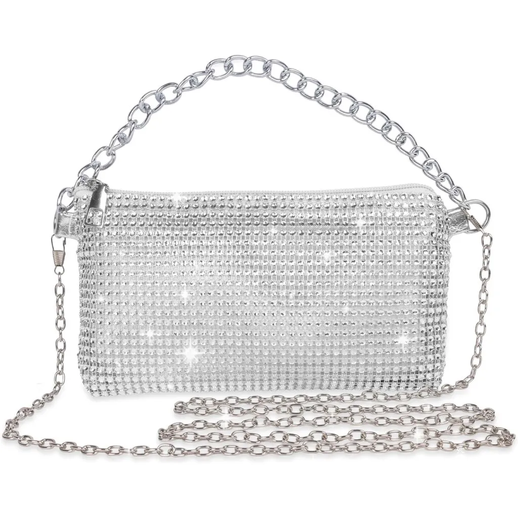 ⚡ Women's Evening Rhinestone Glitter Sparkly Banquet Crossbody Clutch Bag Silver - Image 1
