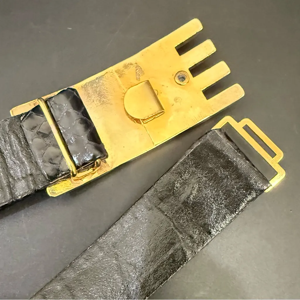 Vintage 80s ABBI Creation Black Genuine Snake Leather Gold Buckle Belt Size 32 - Image 6
