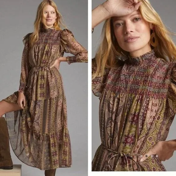Anthropologie Llani Smocked Floral Print Chiffon Long Sleeve Bohemian Dress XS - Image 3