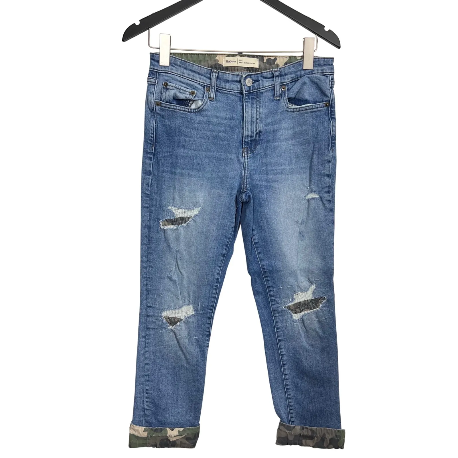 GAP 1969 Best Girlfriend Jeans Women's 28R Blue Distressed Camo Cuff Boyfriend - Image 2