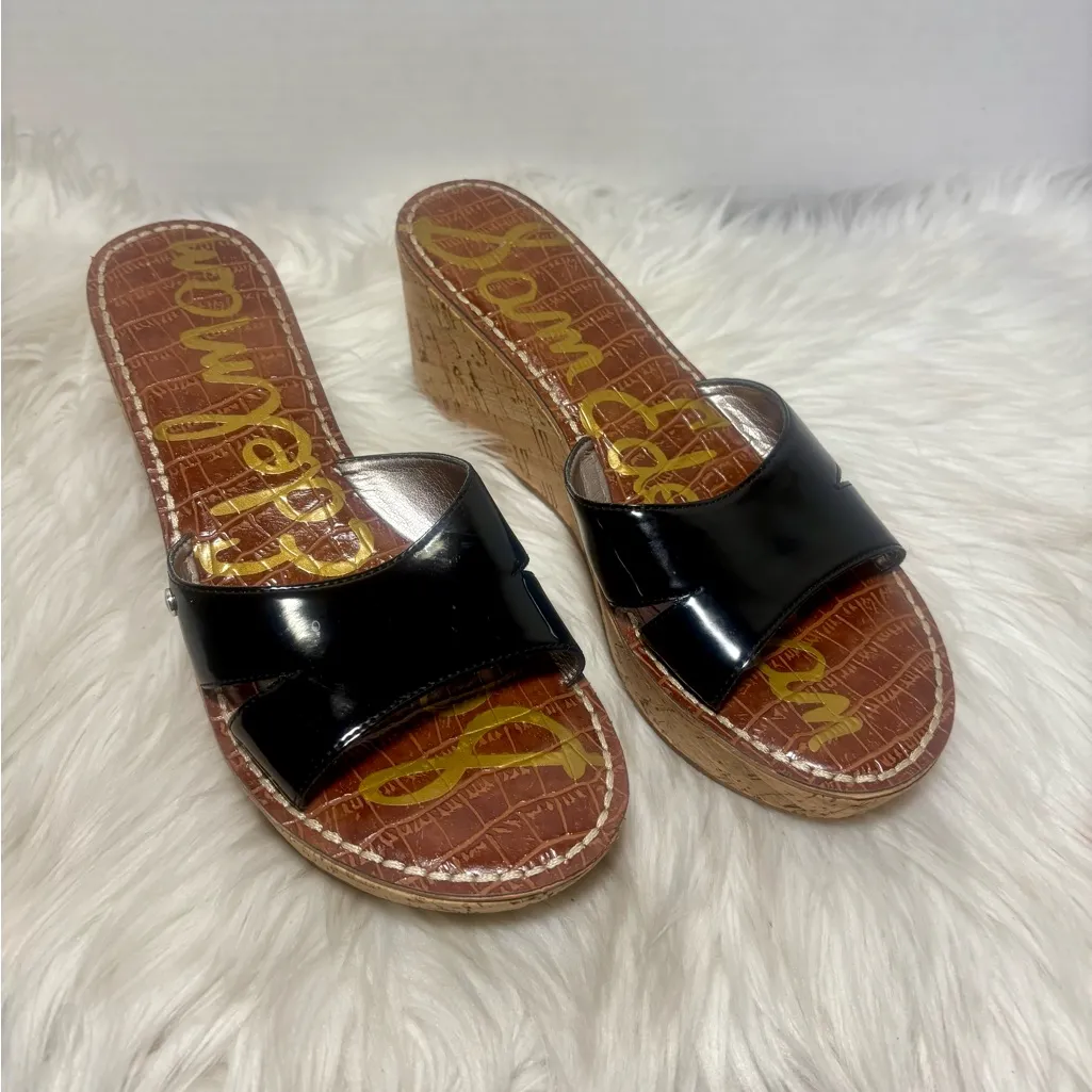 SAM EDELMAN Reid Cork Black Patent Wedge Sandals - Image 3