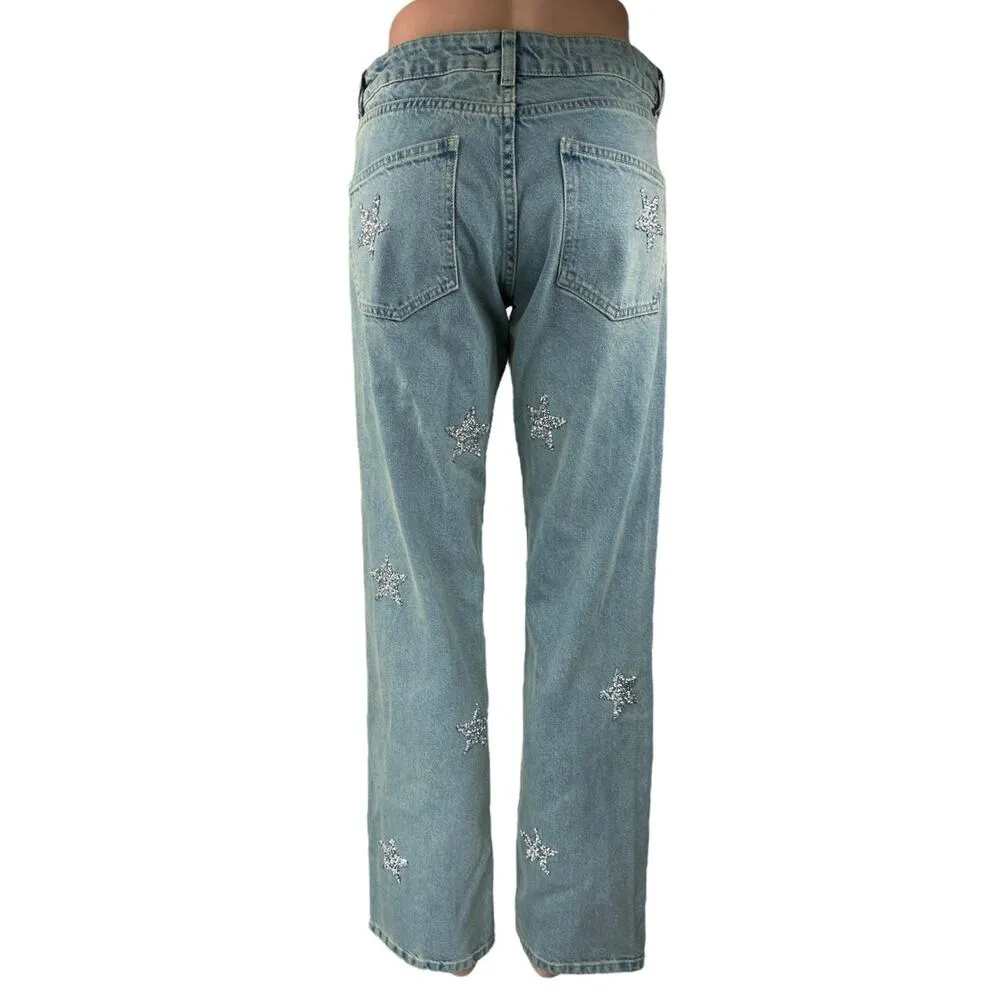 Nasty Gal Women's Blue Embellished Star Print Straight High Rise Denim Jeans 4 - Image 3