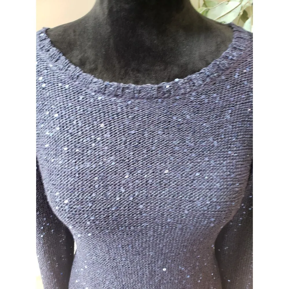 Fontana Sweater Women's XL Navy Sequin Knit Long Sleeve Boat Neck High Low Slit Blue - Image 11