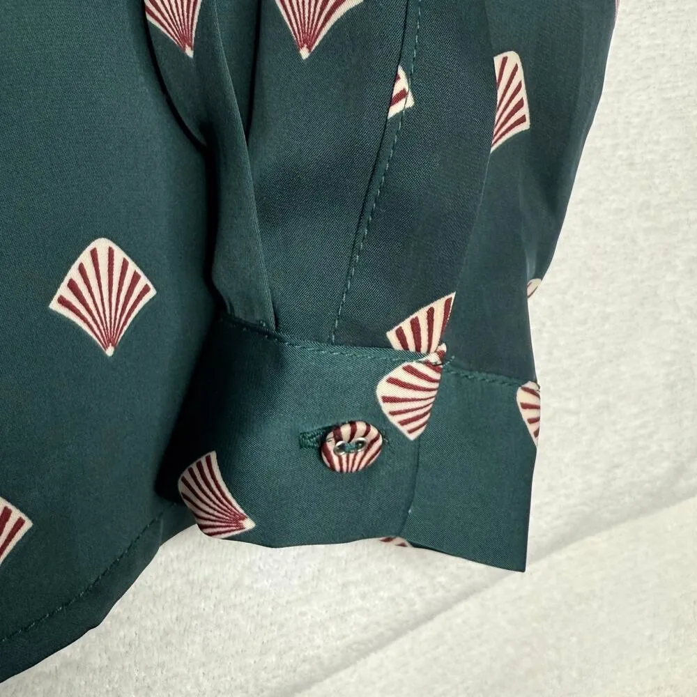 L'Academie All Over Seashell Print Classic Button Up Blouse Size Small Green Red - Image 5